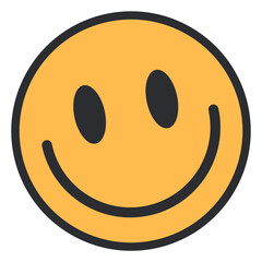 Flat happy face icon is being shown as yellow circle, black eyes, smile, transparent background