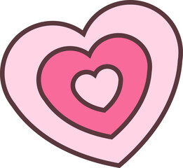Displaying flat vector of three nested pink-hued hearts with brown outlines on transparent backdrop
