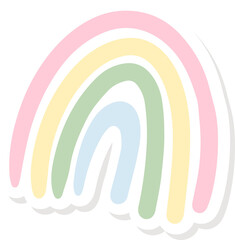 Flat pastel rainbow doodle is showing four arcs with white border shadow on transparent background