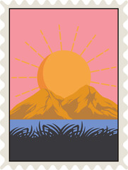 Stamp art is showing orange sun rising behind mountains, water, grass, transparent background