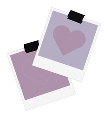 Two overlapping polaroid frames are showing heart icons in flat style with transparent background