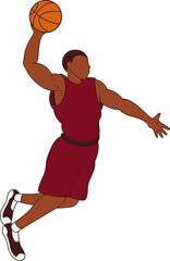 Basketball player is dunking in vector art in maroon kit, with orange ball, transparent background