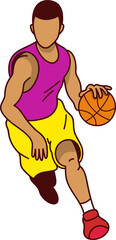 Male basketball player is dribbling orange basketball in cartoon design, transparent background