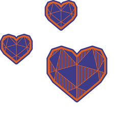 Three geometric hearts are floating on clear canvas in flat design with orange outline, blue facets