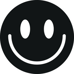 Floating black circular smiley icon showing white oval eyes and smile on transparent background