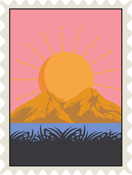 Stamp art is showing orange sun rising behind mountains, water, grass, transparent background