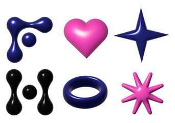 Colorful 3D shapes. ?bstract gradient lines, spark and star shape, geometric heart, moon, lightning bolt and arrow. Isolated spring spiral, ring, circle plate and sphere renders.