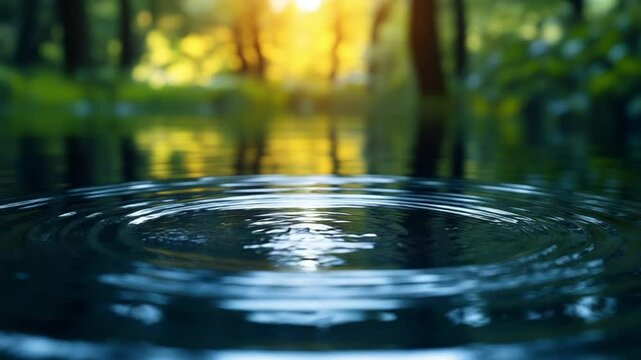 Water Ripple in the Sunlight: A serene close-up view of a water surface, as concentric ripples gracefully expand outwards, mirroring the gentle tranquility of nature's touch and the play of sunlight.