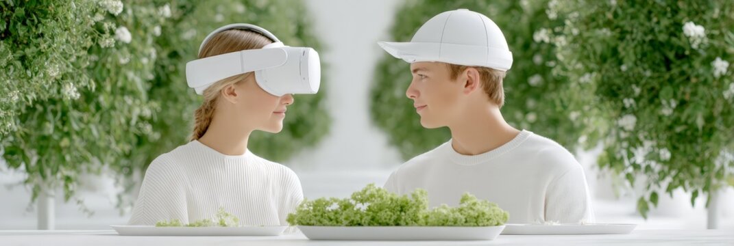 Young caucasian adults with vr headsets in modern hydroponic garden