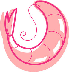 Pink shrimp is curling in vector with glossy segments and curled antenna on transparent background