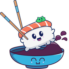 Kawaii salmon nigiri with wasabi is being held by chopsticks over soy bowl, transparent background