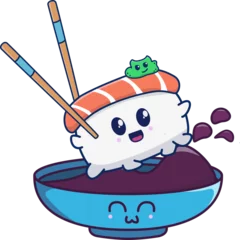 Fotobehang Kawaii salmon nigiri with wasabi is being held by chopsticks over soy bowl, transparent background © vectorfusionart