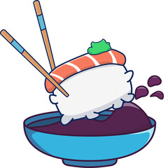 Cartoon nigiri is showing wasabi, droplets with chopsticks above sauce bowl, transparent background