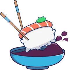 Fotobehang Cartoon nigiri is showing wasabi, droplets with chopsticks above sauce bowl, transparent background © vectorfusionart