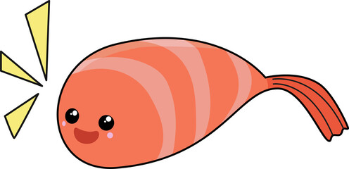 Shrimp-like creature is smiling with tail fan in flat design, transparent backdrop, yellow accents