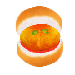 Burger is featuring buns, patty, cilantro leaves, red sauce, vector, transparent bg, copy space