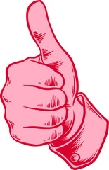 Stylized right hand is giving thumbs-up in flat design, pink and red outline transparent background
