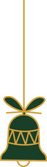 Stylized bell ornament is hanging from gold ribbon bow in flat design, transparent background