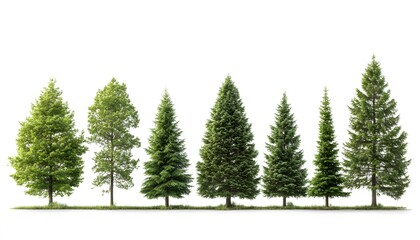Fototapeta premium Row of various evergreen trees against a white background.