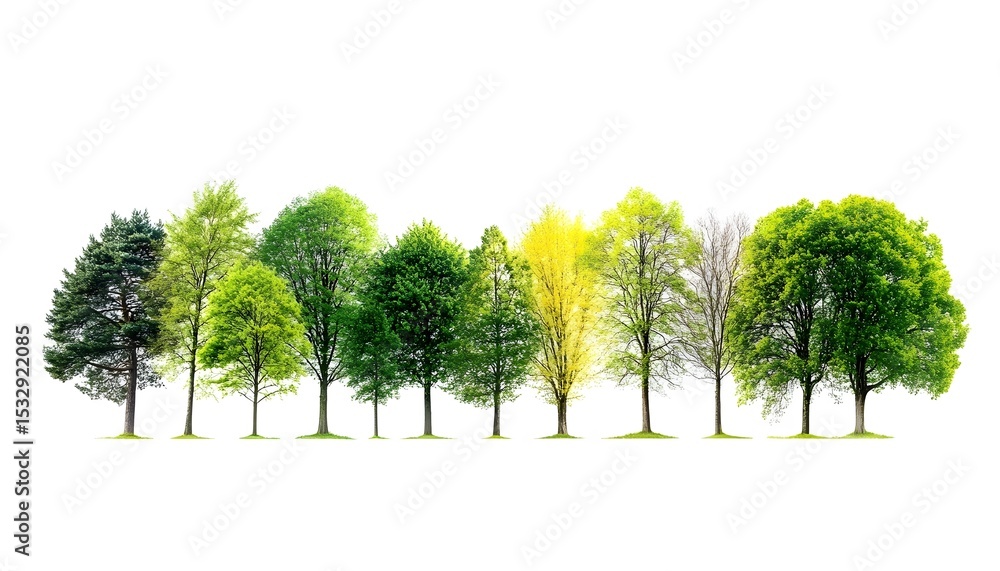 Poster row of diverse trees against a plain background.