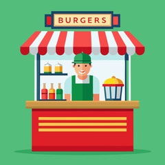 Happy Burger Stand Vendor Selling Delicious Burgers