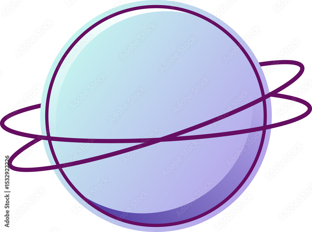 Poster planet-like sphere is floating with two orbiting rings in gradient design on transparent background