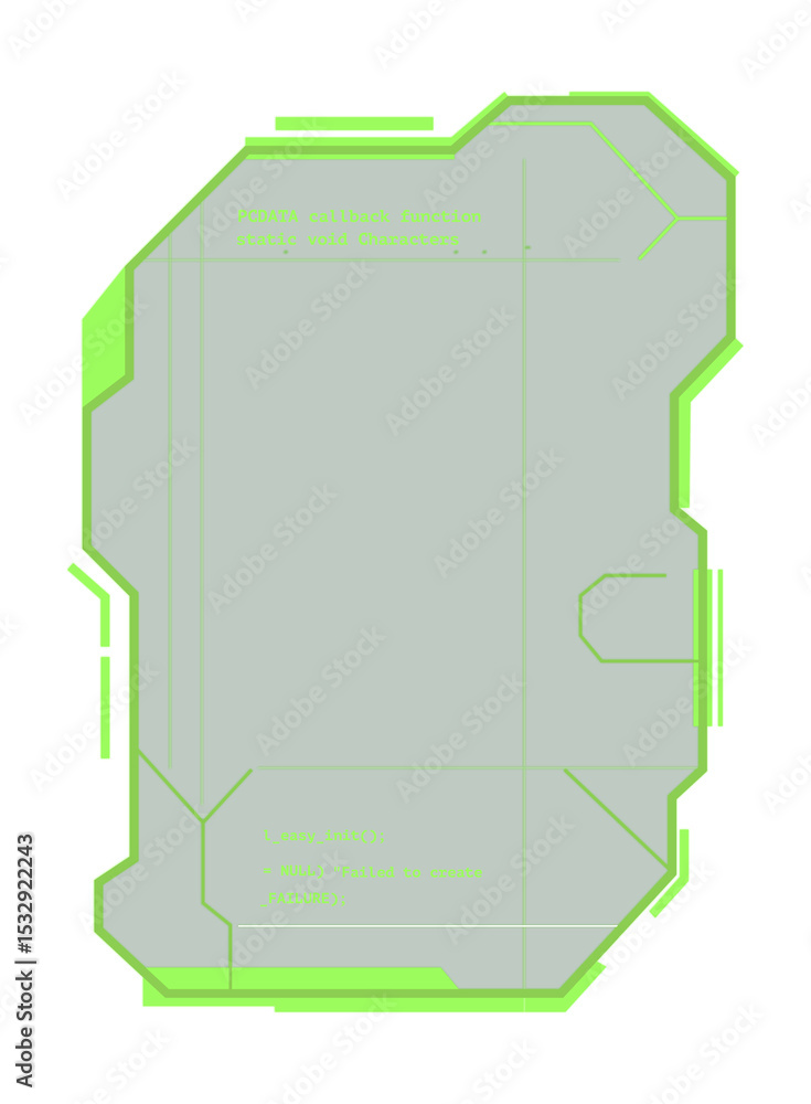 Poster showing flat neon green hud frame with polygon lines, c code fragments with transparent background