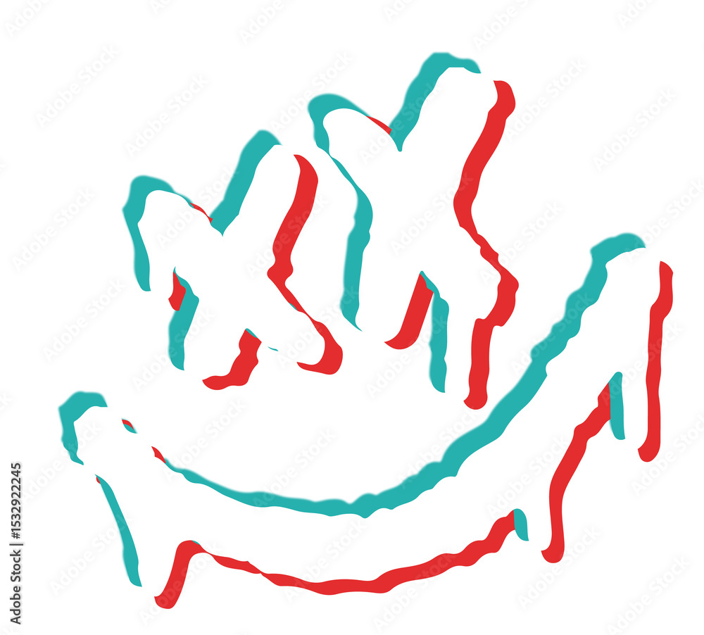 Poster showing dripping graffiti-inspired x eyes and arrow grin in red-teal shadows on transparent layer