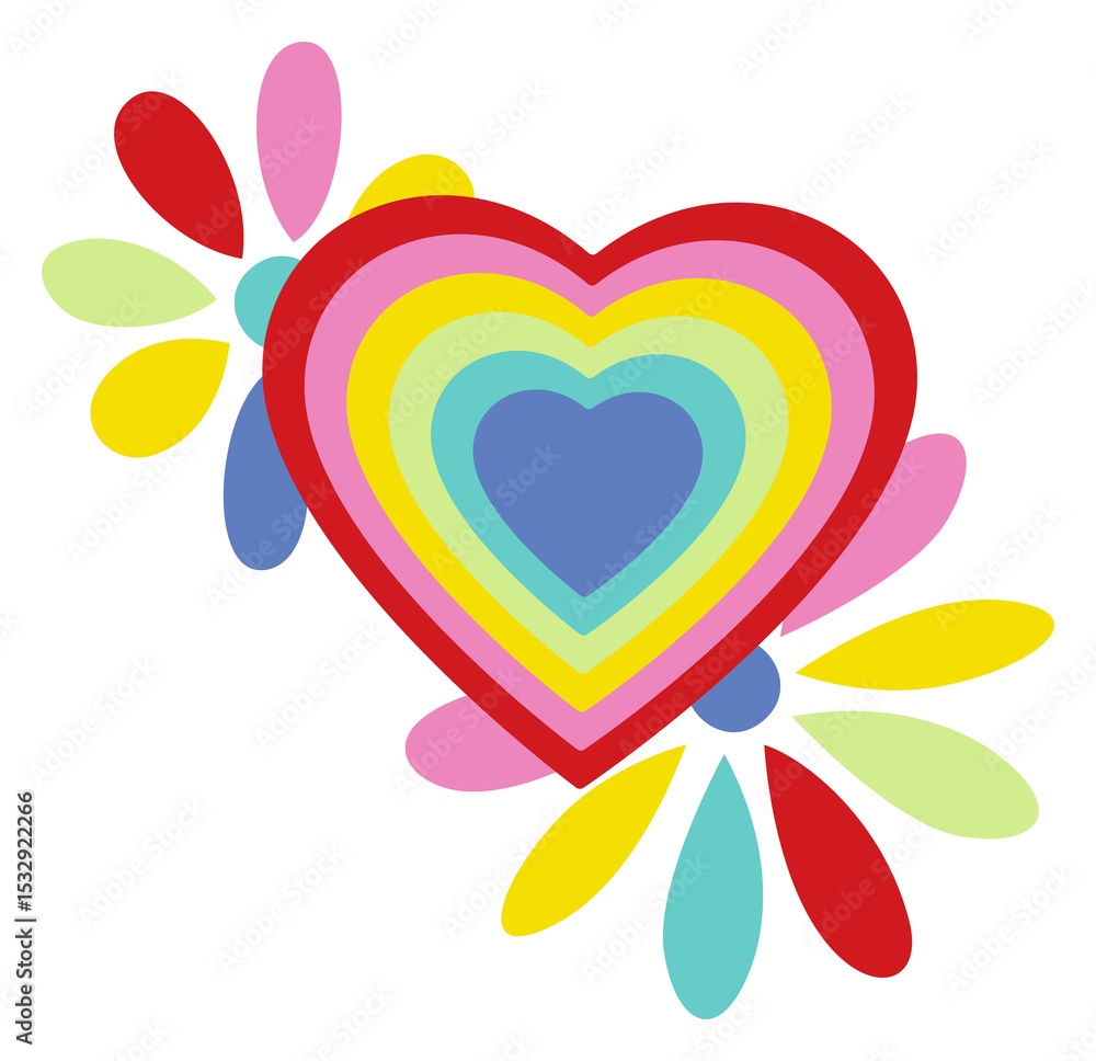 Poster flat design nested rainbow heart is floating on transparent background with white border and petals