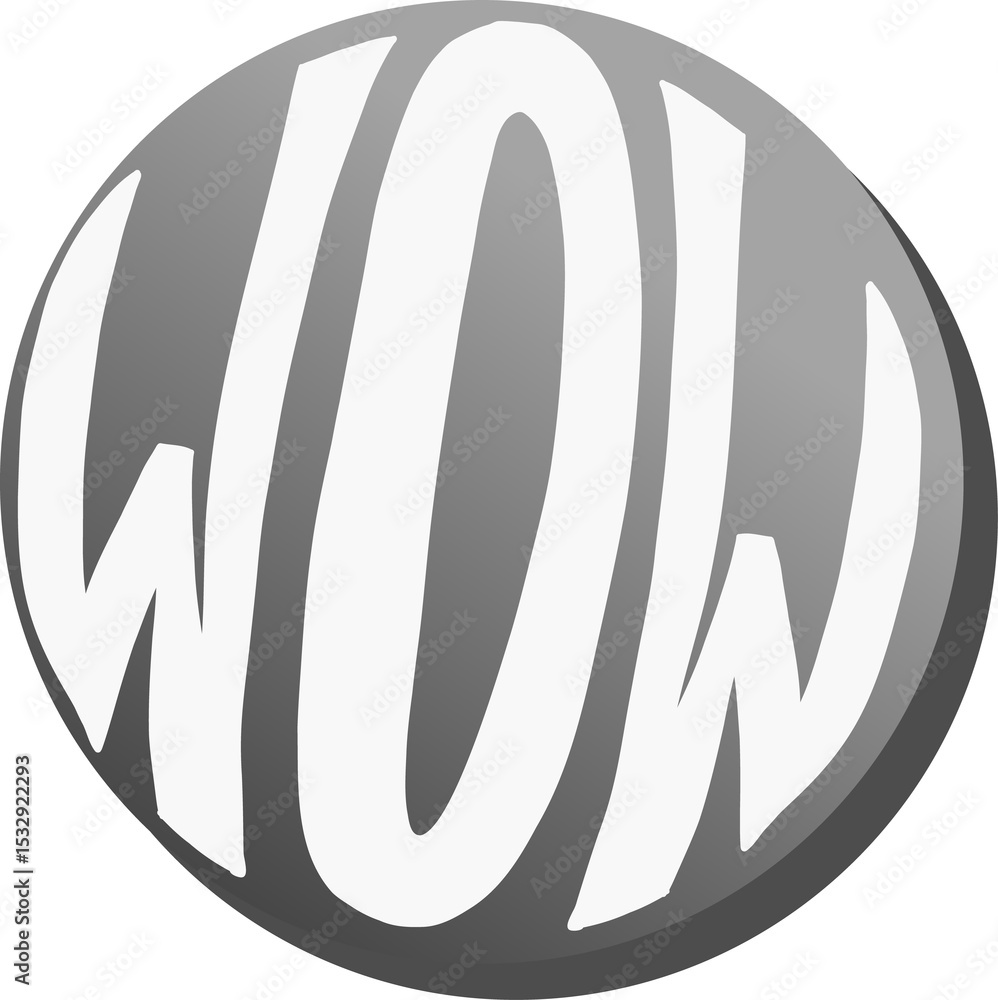Poster flat design showing grey circular badge with bold white wow text on transparent background