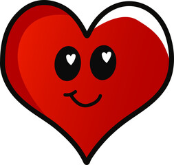 Smiling red heart in flat style is showing kawaii face with gradient on transparent background