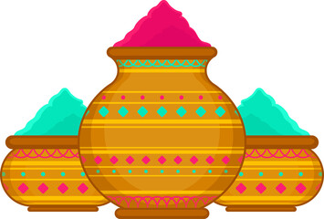 Three pots are holding vibrant pink and turquoise pigment powder, flat design, transparent backdrop