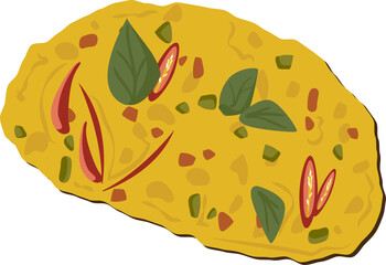 Flat design showing diced veg omelette slice on transparent background, basil and chili slices