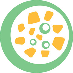 Showing flat art encircling green ring scattering yellow polygons, green rings on transparent layer