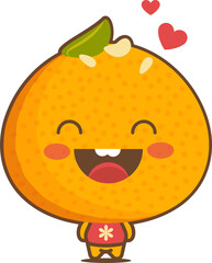 Orange character is wearing red shirt, displaying green leaf and hearts on transparent background