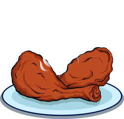 Two crispy chicken drumsticks are steaming atop blue plate in flat design, transparent background