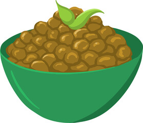 Flat illustration is showing green bowl with brown lentils topped by green leaves on transparent bg
