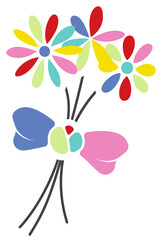 Illustrating three flat daisies with stems, colorful petals, ribbon bow on transparent background