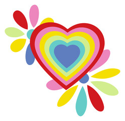 Flat design nested rainbow heart is floating on transparent background with white border and petals
