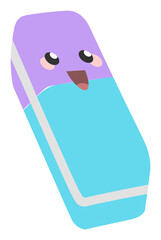 Eraser is floating on transparent backdrop featuring lavender, light blue halves with smiling face