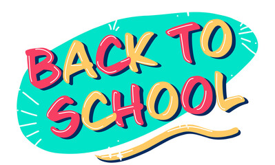 BACK TO SCHOOL 3D letters are floating on teal blob, sparkles, lines, clear background, copy space