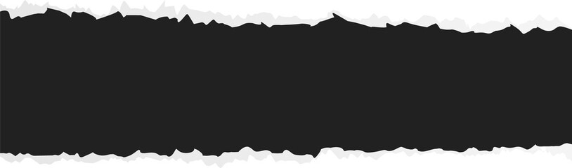 Vector torn black paper strip is floating on clear background with jagged edges and gray border