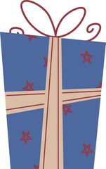Stylized gift box is floating against transparent backdrop with cream ribbons and red star motifs