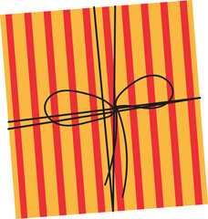 Gift box is floating with red stripes and black ribbon in flat design on transparent background