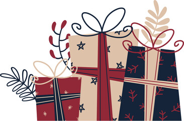 Three festive gift boxes are floating in flat design with bows, foliage on transparent background