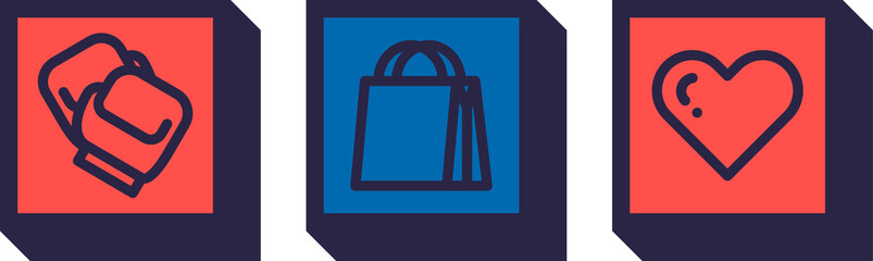 Vector three-panel layout is showing boxing gloves, shop bag, heart icons on transparent background
