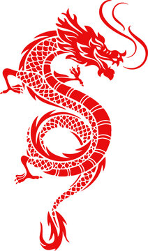 Flat dragon art is showing S-shape pose with scales horns tail and smoke on transparent background