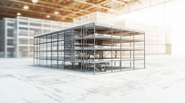 Modern steel structure model on architectural plans in a bright industrial workspace