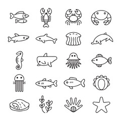 Delightful Ocean Life Line Art Icons Set:  Sea Creatures, Fish, Shellfish, and Aquatic Plants Illustrations