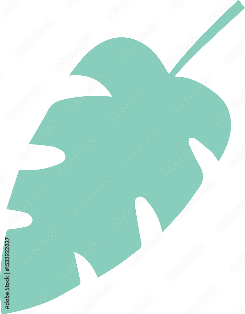 Poster abstract leaf with lobed cutouts is floating diagonally on transparent background in flat design